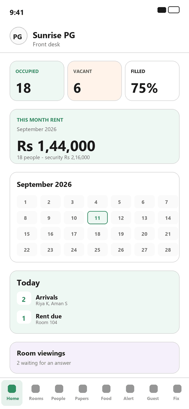 Front desk screen of the PG Management app